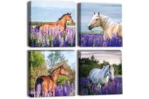 Artscope 4 Teilig Leinwandbilder mit Lila Lavendel und Pferd Motiv Kunstdruck - Moderne Wandbild für Küche Badezimmer Wohnzimmer Wanddekoration - 30 x 30 cm