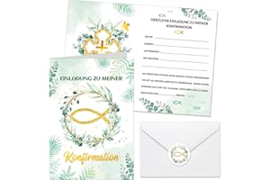 ‎HOWAF HOWAF 12 Einladungskarten Konfirmation mit Umschlägen Aufkleber, Einladung Konfirmation Einladungskarten Eucalyptus Fisch Karte für Jungen Mädchen Firmung Deko