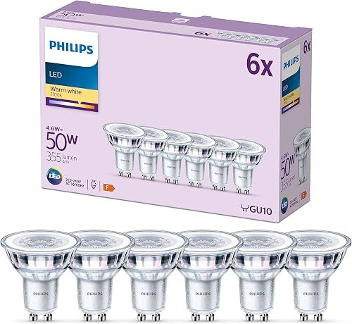 Philips - Bombilla tipo foco 4.6W (Eq. 50W) 355 lúmenes, casquillo GU10, Luz Blanca Cálida (2700k) - 6 unidades (paquete de 1