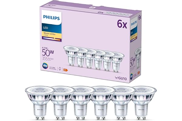 Philips - Bombilla tipo foco 4.6W (Eq. 50W) 355 lúmenes, casquillo GU10, Luz Blanca Cálida (2700k) - 6 unidades (paquete de 1)