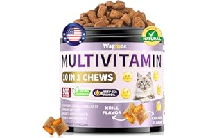 WAGMEE Cat Multivitamin with Fish Oil, 500 Crunchy & Creamy Chews - 10 In 1 Vitamins Support, Skin & Coat Supports - with Omega 3s, Taurine, Biotin for Cat All Breeds & Ages - Krill Flavor