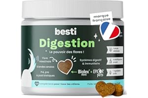 BESTI - Digestion | 120 Compléments Alimentaires Premium pour Chiens | Probiotiques, Prébiotiques, Postbiotiques | Flore Intestinale | Marque Française - Formule Vétérinaire | Au Poulet | 300 GR