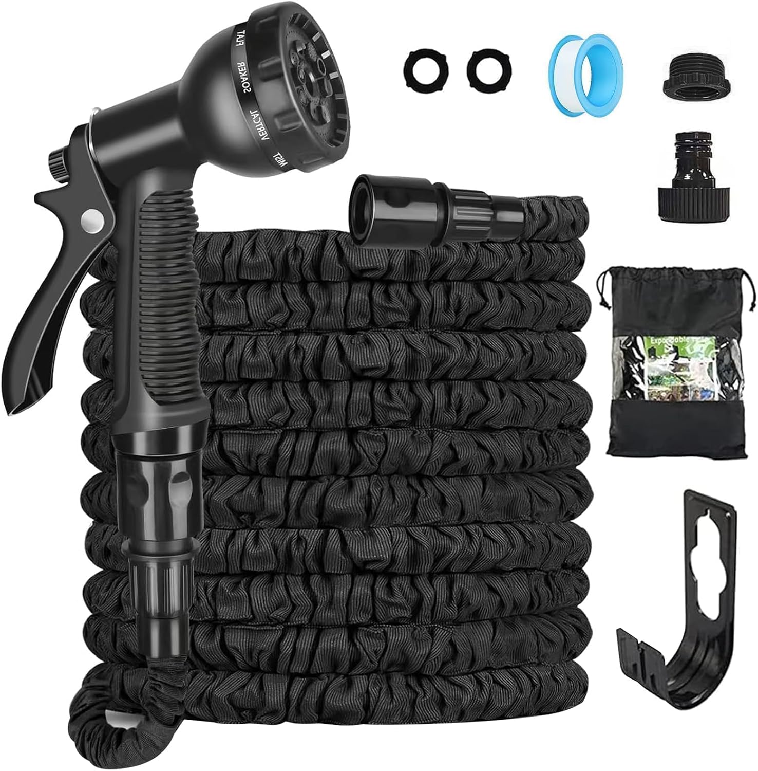 Expandable Garden Hose Pipe 30m/100ft, Heavy Duty Flexible with 7-Function Spray Gun, 3/4" 1/2" Fittings, Double Layer Latex Core Hosepipe, Durable & Anti-Leak Kink Free (Black)