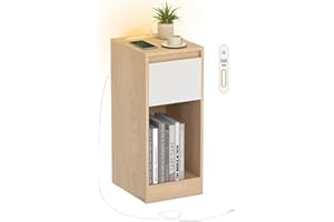 VASAGLE Slim Bedside Table with Charging Station and LED Light, Narrow Side End Table, USB Ports, Drawer and Open Compartment, for Bedroom, Living Room, Oak Beige and Cloud White LET610Y01