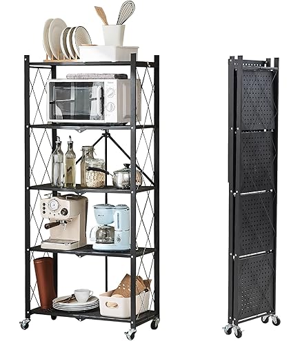 DEANIC Opvouwbare opbergplanken, 5 niveaus metalen rekken voor opslag 71 x 164 x 28 cm, keukenplanken op wielen, voorraadkast, boekenkast voor woonkamer (wit