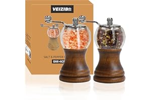 VEIZIBEE Set 2 macina sale e macina pepe, Macinino manuale in legno massiccio per macinare pepe e sale, Nucleo di macinazione in ceramica grana regolabile, macina sale pepe spezie (Colore antico 2pcs-5in)