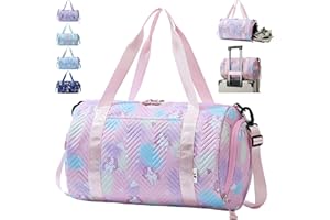 AUNGKWANG 25 L Bolsa Deporte Niña Unicornio, Bolsa de Viaje Chica, Grande Travel Bag Fin de Semana, Bolsa de Natación para Playa, Bolsa Deporte con Compartimento Zapatos y Bolsillo Húmedo (Rosa)