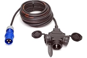 CEE Plug to Schuko Distribution 3-Way (1.5 m - 50 m) 16A Extension Cable Titanex H07RN-F 3 x 1.5 mm² with PCE Plug and 3 Socket IP44, Business-Line of Event Cable (15 Metres)