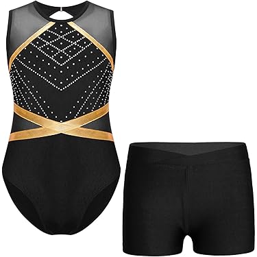 FEESHOW Kinderturnpakje voor meisjes, met korte broek, mouwloze glitterpailletten, strass, turnshirt, gymnastiek, body, shorts, haarelastiekset, rood, 122-128