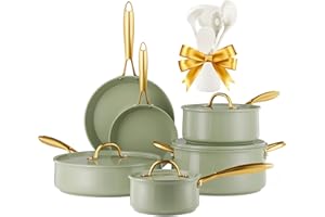 RIOVARM Induzione Set di pentole e padelle con coperchi, In ceramica Antiaderente Set di pentole con set di utensili da cucina, Set cucina essenziale Padella Pentola Padella per salse Spatole