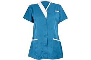 FIRST UNIFORM SOLUTIONS NewModel Womens Nurses Healthcare Bold Trim Tunic Uniform Maid Housekeeper Beautician Turquoise with White Contrast Trim (Large)