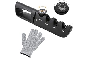 BAYUYI Affilacoltelli, 4 in 1 Affilacoltelli Manuale con guanti resistenti al taglio, pulsante per la regolazione dell’angolo, per vari coltelli da cucina e forbici