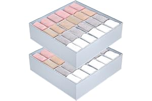 hinrey 2Pcs Boîte de Rangement Pliable et Lavable, Organisateur de Tiroir en Tissu Oxford pour Chaussettes/Collants/Cravate/Foulard, Rangement sous Vêtement à 24 Compartiments-Gris Clair