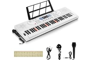 INMOZATA 61 Key Electronic Keyboard Piano, Musical Keyboard for Beginner, Light Up Keyboard Piano with Microphone Piano Note Sticker, White