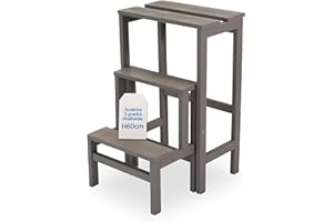 TOMAINO - Scaletta 3 Gradini Ribaltabile In Legno GIULIETTA - Scaletta Pieghevole con Sgabello Richiudibile per Casa, Ufficio - Scala 3 Gradini Salvaspazio Tortora