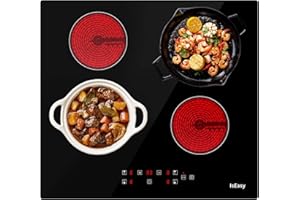 Plaque Vitrocéramique 4 Feux Encastrable, IsEasy Plaque de Cuisson Vitroéramique 4 Feux, Table de cuisson Electrique 60cm, 6000W, Minuteur, 9 Niveaux de Puissance