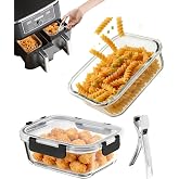 MOWETOO 2 x Glass Airfryer Molds with Stainless Steel Tweezers | 20 x 15 cm, airfryer accessory suitable for Cosori, Ninja, P