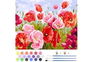 QENSPE Flower Paint by Numbers for Adults and Beginner, Red and Pink Painting by Number Kits On Canvas, Frameless DIY Color Oil Painting Acrylic Paints, Home Wall Decor 40x50cm/16x20in