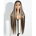 Style Icon 13x4 Lace Frontal Wig Brown Highlight 38 inch Super Long Straight Hair Wig for Women Synthetic Lace Front Wig Pre Plucked with Baby Hair Synthetic Fiber (NTSN4/UN8/12R)