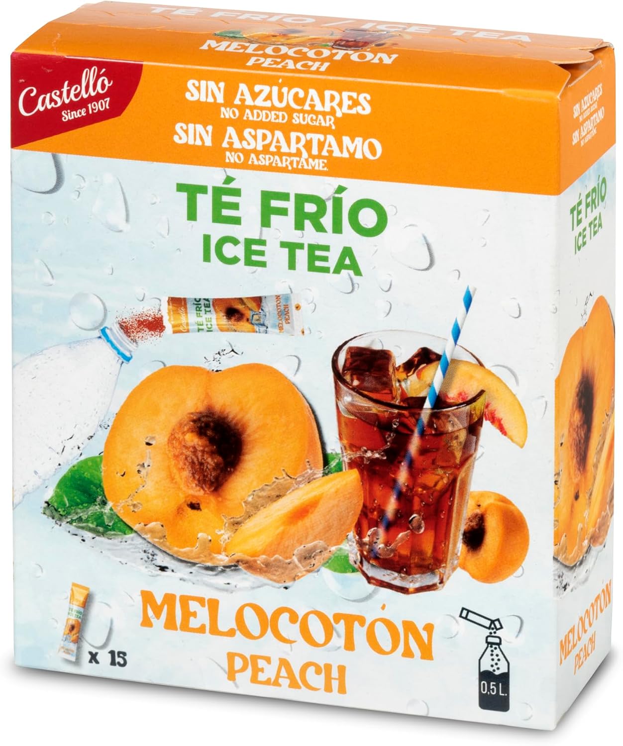 Castello since 1907 Té Frío (Ice Tea - Iced Tea) Zero & Instantáneo | Melocotón | 15 sobres | 1 sobre = 500 ml de Té | 0 Calorías | 0 Azúcar | 0 Aspartamo