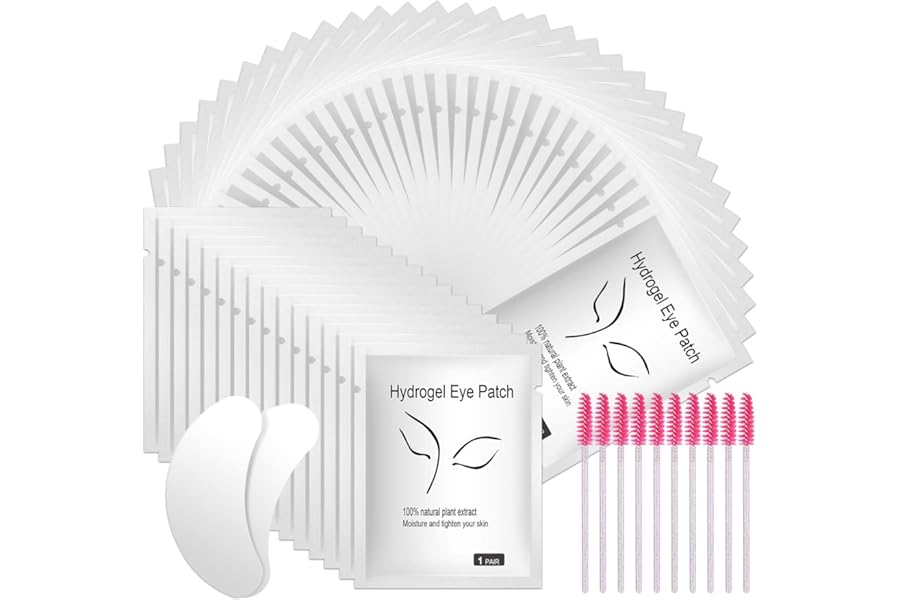 URAQT Eye Gel Pads, 50 Pairs Eyelash Extension Pads Lint Free Eye Lash Patches with 10 Eyelash Brush, Under Eye Gel Pads Premium Eyelash Pads for Pro Salon and Individual Eyelash Extension