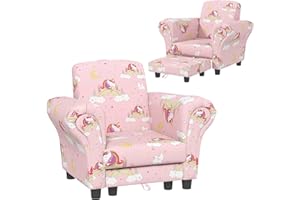 AIYAPLAY Kids Armchair with Stool, 2 Piece Kids Sofa Set with Cloud Design, Wooden Frame, Upholstered Chair for Bedroom, Playroom, Nursery, for 1.5-3 Years Old, Pink