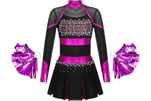 Rswnyirn Girls Cheerleading Uniform Kids Long Sleeve Cheer Dress with Pompom Dance Performance Outfit