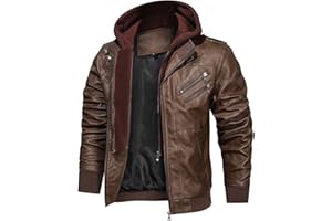 HOOD CREW Men’s PU Faux Leather Motorcycle Bomber Jacket With a Removable Hood