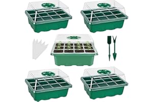 OPAHUTER Zimmergewächshaus Anzuchtkasten, 5 Stück Saat Start Tray Vermehrungsbox mit Feuchtigkeitsregulierbaren Kuppeldeckeln Grow Trays für Samen, 12 Zellen pro Tray