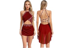 Jhaoyu Women's Lyrical Dance Dress Glittery Rhinestones Sleeveless Backless Leotard Dress Figure Skating Costume