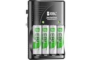 EBL AA Rechargeable Batteries 2800mAh 4-Pack and Smart Battery Charger with AC Wall Plug for AA AAA Ni-MH Ni-CD Rechargeable Batteries and 9V Batteries