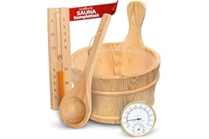 ‎HOLZ4HOME holz4home® Sauna Eimer Set I Hochwertiges Saunazubehör Eimer mit Kelle Sanduhr Thermometer Hygrometer I Hitzebeständiges Sauna Set aus Holz I Komplettset Fasssauna Saunakübel mit Einsatz