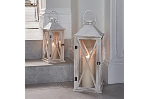 Lights4fun Set di Lanterne Decorative in Legno di 42 cm e 59,3 cm con Candela LED TruGlow® a Pile per Arredo Interni