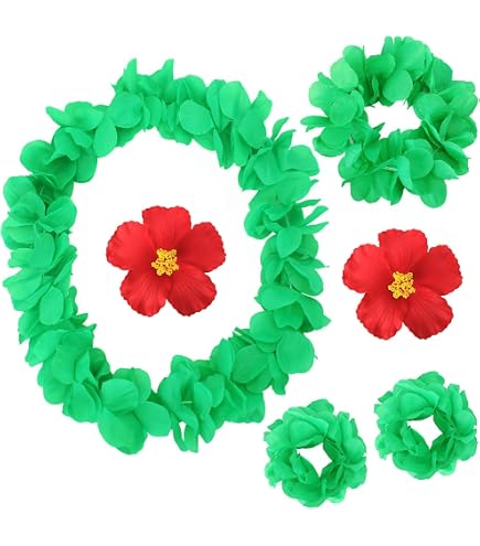 Collier Hawaien Fleurs Lilbitty Luau Lot De 5 Chaînes De Fleurs Décoratives Hawaï Avec Collier, Bandeau, Bracelet, Pinces à Cheveux, Guirlande De Fleurs Pour Fêtes Hawaïennes Sur La Plage, Mariage, Rose Rouge