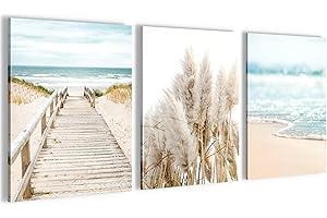 Novart- Tableau Décoration Murale- Plage et Mer- Decoration Chambre Salon- Prêt à être Accroché- 3 Cadres de 30x40 cm- Beige- N004835a