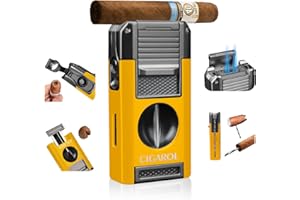 CIGAROL Mechero 5 en 1, 2 llamas de chorro, con cortador de puros, no contiene gas, ideal como regalo para hombres (amarillo)