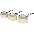 Swan Retro Induction Saucepan Set With Glass Lids, Non Stick Ceramic Coating, Easy to Clean, Cream, 3 Piece, 16/18/20 cm