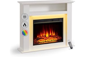 ‎BALDERIA Elektrokamin BALDERIA Liora - Elektrischer Standkamin mit Ablagefach, 3D-Flammeneffekt, LED-Ambientebeleuchtung, Heizung 2000W, Timer, Thermostat, Fernbedienung - Weiß