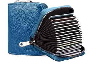 Goopai RFID 20 Card Slots Credit Card Holder Genuine Leather Accordion Card Case Small Wallet for Women or Men with Zipper (Ocean Blue)