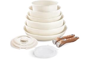 RIOVARM Set di pentole e padelle con manici staccabili, Impilabile Antiaderente In granito Set di pentole con coperchi, Salvaspazio Set di utensili da cucina Senza PFOA, Padella, Casseruole