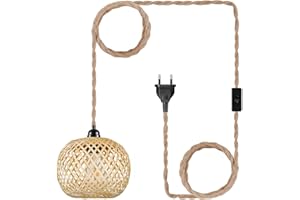 ‎ECOGEHEN EcoGehen Vintage Pendant Lamp with Plug - Boho Lamp Pendant Light Rattan Bamboo Lampshade Hanging Light Dining Table Lamp Rustic Hanging Light 450 cm Cable E27 for Bedroom Hallway Kitchen Dining Table