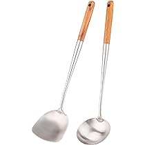 FJNATINH Set Di 4 Spatole In Silicone Per Wok | Con Mestolo E Schiumarola | Manico In Legno E Acciaio Inox | Antiaderenti E Resistenti Al Calore - 2