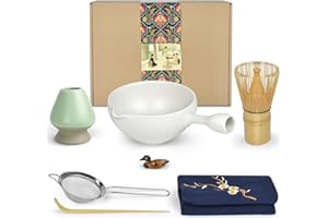 Artcome Kit de ceremonia de matcha para ceremonia de té japonesa, cuenco con boquilla de vertido y mango, batidor, cuchara de té, colador de polvo matcha, juego de té matcha para hacer Usucha, Koicha