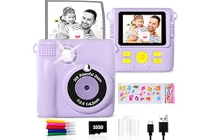GKTZ Appareil Photo Instantané - 1080P HD 0 Ink Instant Print Photo - Cadeau pour Fille 3-8 Ans - Jouet Portable pour Enfants avec 3 Rouleaux de Papier Photo, 5 Stylos de Couleur, Carte 32GB - Violet