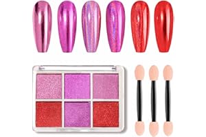 GZMAYUEN Pink Red Solid Mirror Chrome Nail Powder, 6 Colors Red Laser Chrome Powders for Nails Metallic Nail Powder