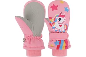 JUPSK Dziecięce zimowe rękawice narciarskie, wodoszczelne, snowboardowe, antypoślizgowe, pluszowe, z podszewką, ciepłe, z jednorożcem, dla dziewcząt, chłopców w wieku 2-9 lat