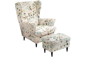 Highdi 2 Teilig Ohrensessel Überzug Mit Ottomane Schonbezug, Sessel-Überwürfe Ohrensessel Schonbezüge Bezug Sesselhusse Stretch Tiger Stuhlbezug mit Armlehne Hohe Rückenlehne (Nordischer Stil)