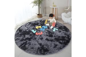 OMGREAT Fluffy Round Area Rug, 160cm Dark Grey, Modern, High Pile, Plush Comfort, Non-Slip Base, Home Decor
