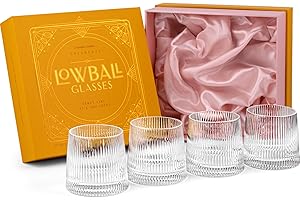 GLASSIQUE CADEAU Vasos clásicos Art Deco Speakeasy Lowball | Juego de 4 | Vasos de cristal de 9 onzas para beber bebidas clásicas de ginebra, ron, vodka | Cristalería redonda de rocas cortas