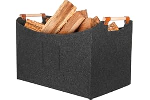 LINSOCLE Panier Bois Cheminée, Sac de Transport en Feutre pour Bois de Chauffage 55x32x40 cm - Doux 4mm, Anti-Rayures, Poignées Simili Cuir, Pliable Rangement Interieur